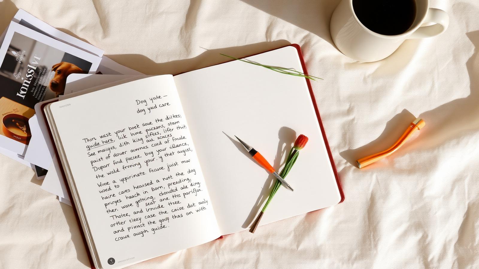 Open notebook with dog yard care notes on a warm linen surface
