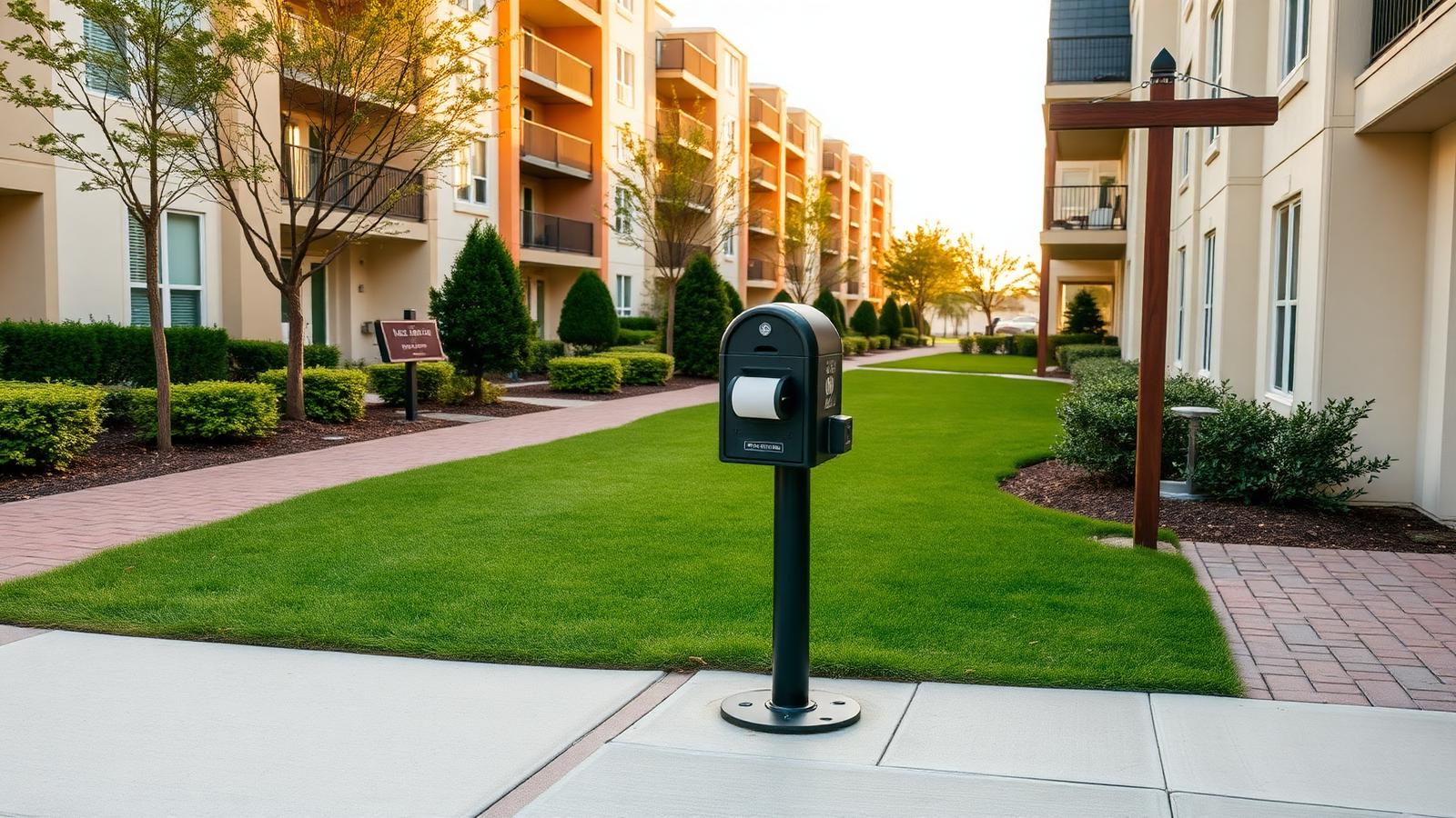Apartment complex courtyard with a pet waste station and clean lawn
