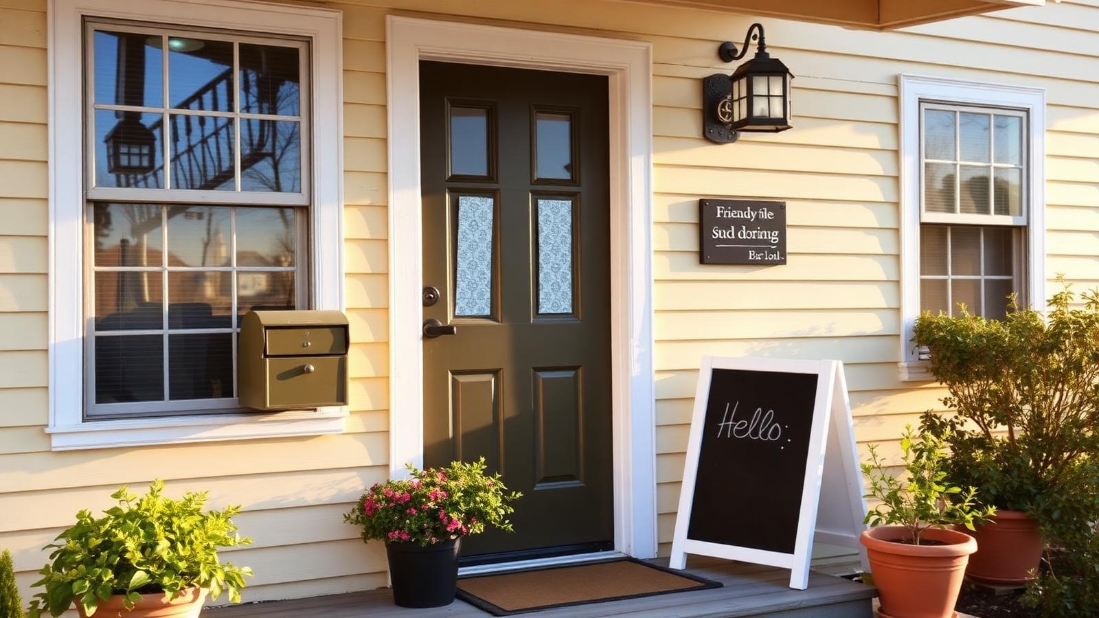 Warm cream service-business porch with a welcome chalkboard at golden hour