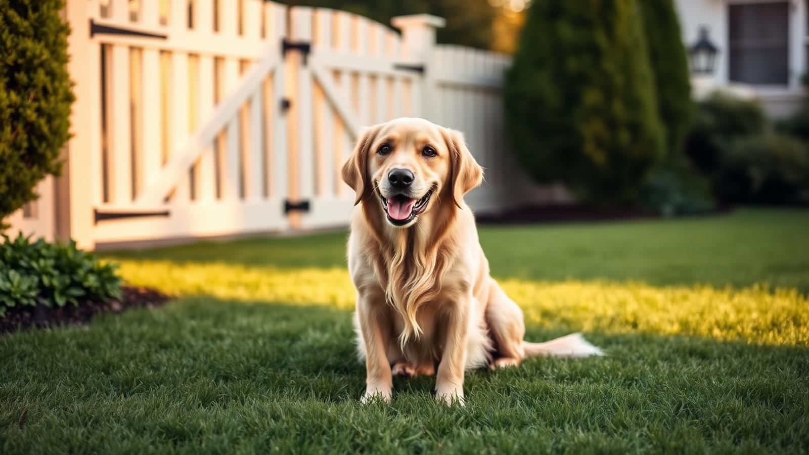 Friendly golden retriever sitting on a clean backyard lawn next to a closed gate
