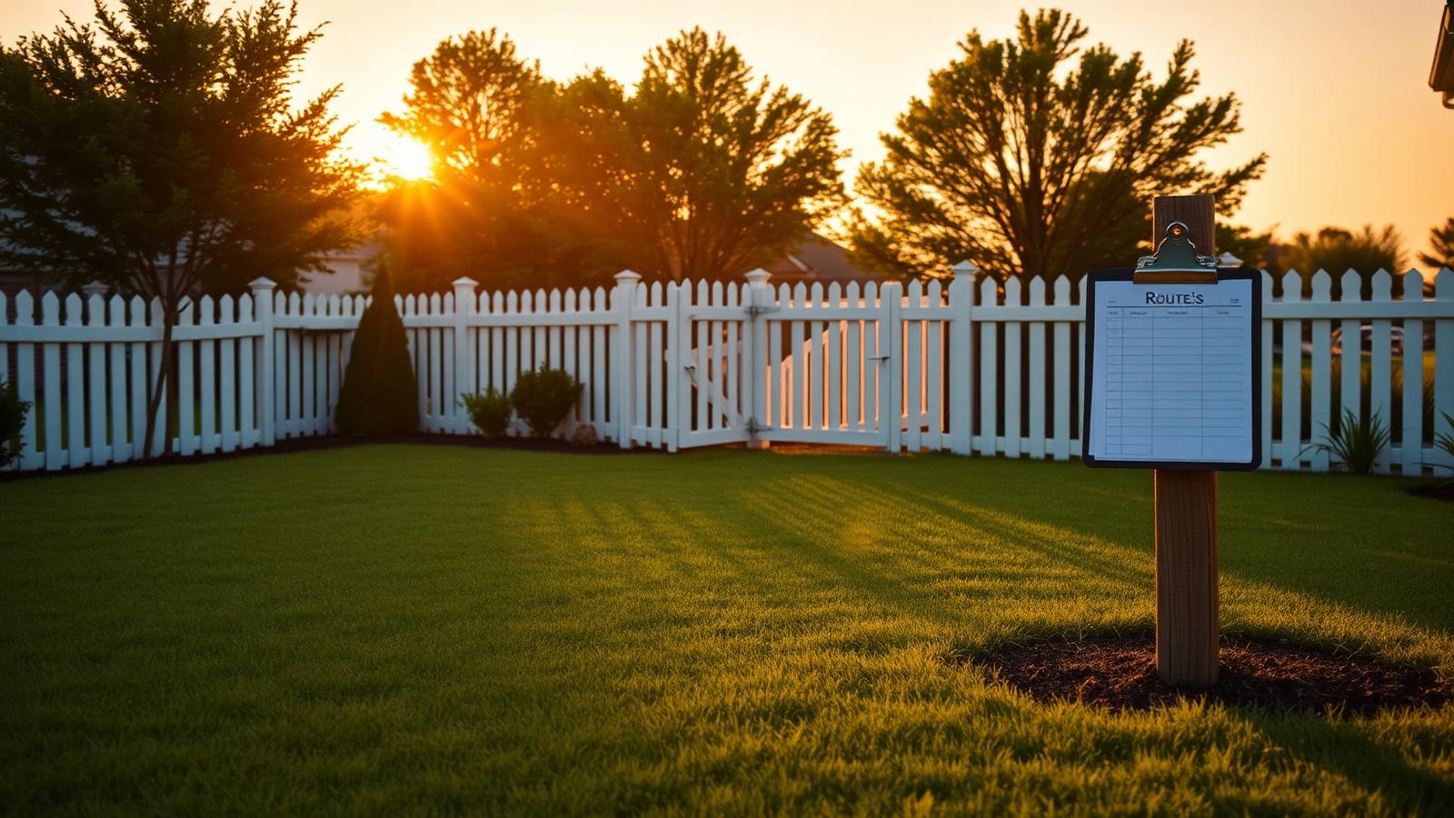 Sunrise over a clean suburban backyard with a route checklist on a post