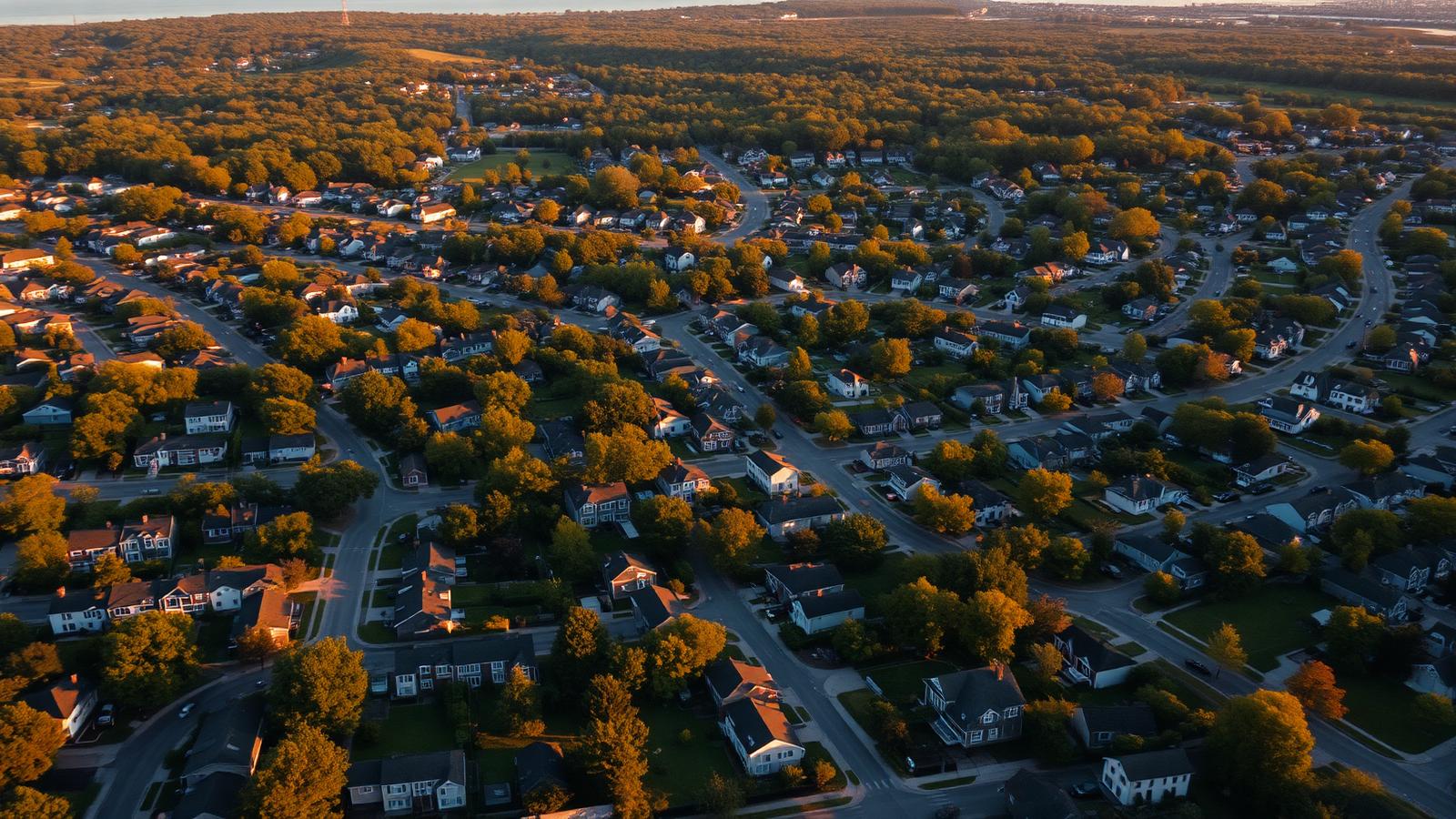Aerial view of a New Jersey shore neighborhood at golden hour
